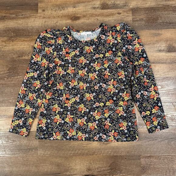 LOFT Plus Floral Puff Sleeve Blouse 16 Feminine Romantic Textured Navy Orange - Picture 1 of 9